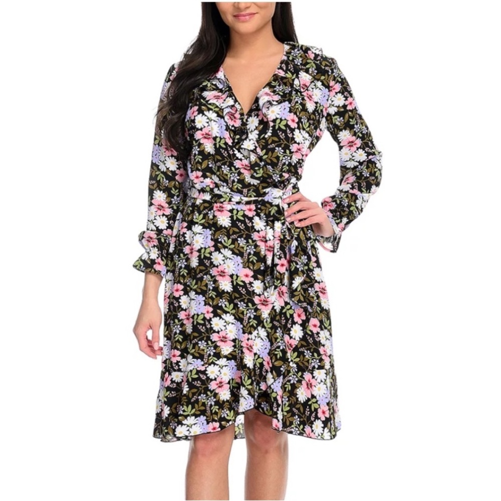 Women’s Kate & Mallory Tie Waist‎ Ruffle Black Floral Dress